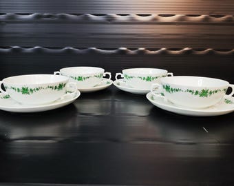 4 pares de tazas de sopa/consomé Fürstenberg con platillos/Serie Old Fürstenberg. Decoración de jardín de castillo/Vintage de 1965