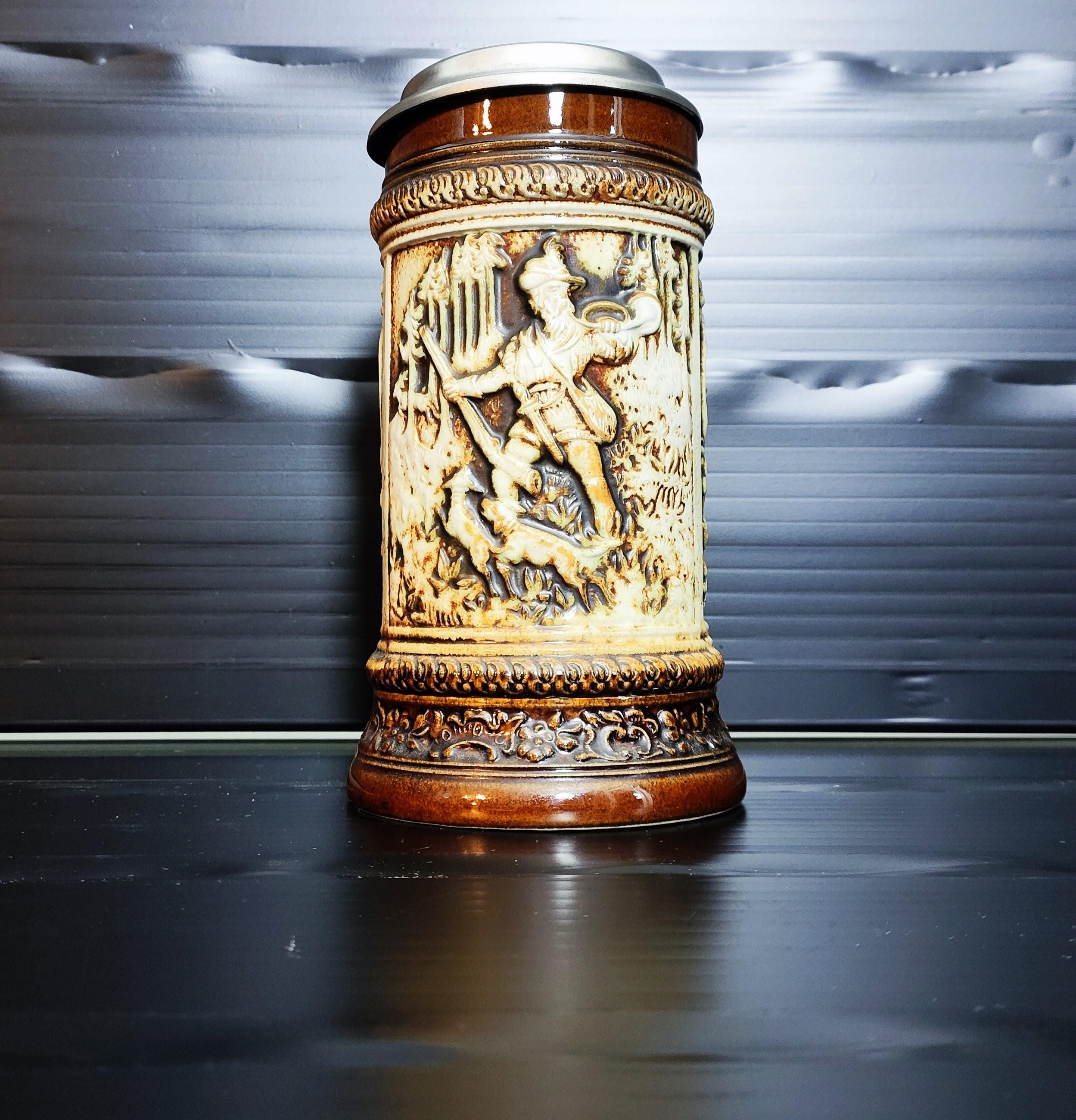 Original GERZ 3D Beer Mug With Tin Lid and Hunting Scene