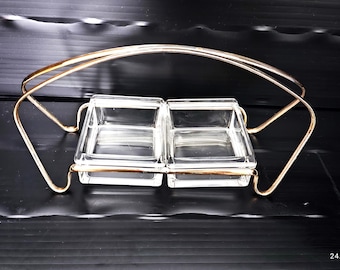 Aperitif serving tray/ holder with 2 glass bowls/ brass tray, cocktail snack tray/ cabaret made of metal & glass/ vintage 50s -60s