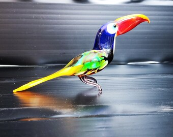 ヴェネチアンガラスの鳥の置物アート、オオハシ/手作り、吹きガラス