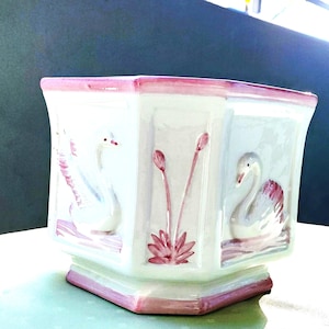 Vintage Italian octagonal flowerpot/planter with 3D relief and swan pattern. Valuable handcraft/retro plant pot
