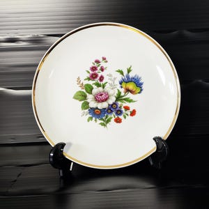 Fürstenberg pastry plate, round serving plate with wide gold rim decoration &quot;Colorful Flower&quot; serving bowl cookie plate, vintage from the 1970s