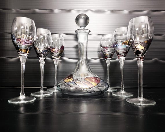 Vintage K & K Styling Set: Carafe with stopper and wine glasses in Tiffany  style, 7 pieces / handmade / hand-painted / 1970s