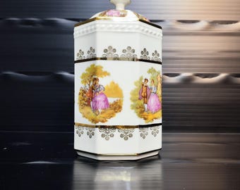 Vintage åttkantig låda med lock/kaka- eller kexask/ handgjord i Dresdenbarockstil