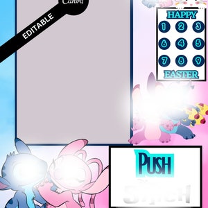 May include: A pink and blue vending machine with a Stitch and Angel design. The machine has a push button and a display that says "Happy Easter".