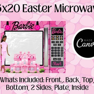 May include: A pink Barbie-themed microwave with a pink and white patterned background. The microwave features a control panel with buttons and a digital display. The image includes the text "16x20 Easter Microwave" and "Barbie". A doll and a pink house are also featured.