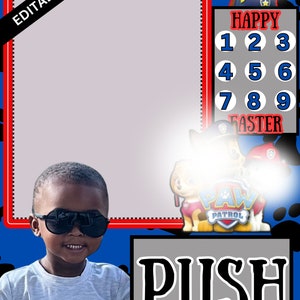 May include: A blue and black Paw Patrol themed Easter vending machine with a push button. The machine has a gray background with the words "Happy Easter" and numbers 1-9. The machine also has a picture of a Paw Patrol character. The machine is decorated with paw prints.