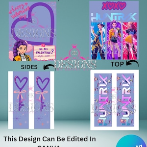 Puede incluir: Plantilla de archivo digital con temática de San Valentín. El diseño incluye un corazón morado, el texto "Happy Valentine's Day" e ilustraciones de personajes. El diseño se puede editar en Canva.