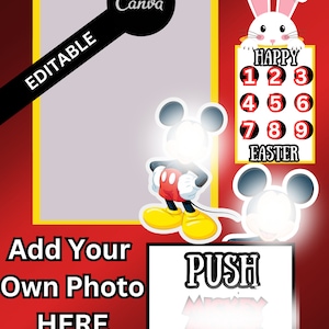 May include: A red and yellow photo frame with a white background. The frame is decorated with a Mickey Mouse character and a bunny rabbit holding a sign that says "Happy Easter". The sign has numbers 1 through 9 on it. The frame says "Add Your Own Photo Here" and "Your Name Vending Machine".