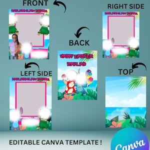 Könnte beinhalten: Eine digitale Vorlage für eine Krallenspiel-Partyeinladung mit einer Comicfigur mit blauem Fell und einem Hawaiihemd. Die Vorlage ist in Canva bearbeitbar und umfasst eine Vorder-, Rückseite, linke Seite, rechte Seite und Oberseite. Der Text "Frohe Ostern Raylan" ist auf der Rückseite enthalten.