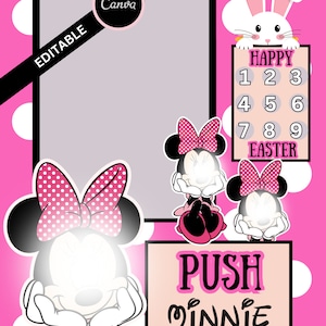 May include: Pink and white Easter-themed graphic with Minnie Mouse illustrations and a bunny. The design includes the text "HAPPY EASTER", numbers, and "PUSH MINNIE". The words "YOUR NAME VENDING MACHINE" are also present.
