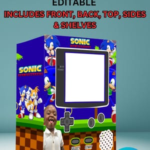 May include: A printable Game Boy Easter template featuring Sonic the Hedgehog characters. The template is 100% editable and includes front, back, top, sides, and shelves.