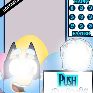 May include: Blue and yellow cartoon character with a blue background. The character is holding a blue and white egg. The text "Push" and "Bunny" are in a blue and white cloud. The text "Easter Vending Machine" is in blue and white. The text "Happy Easter" is in blue and white with numbers 1-9 in blue circles.