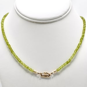 Unique Peridot Faceted Gemstone Beaded Necklace with Gold Carabiner Clasp