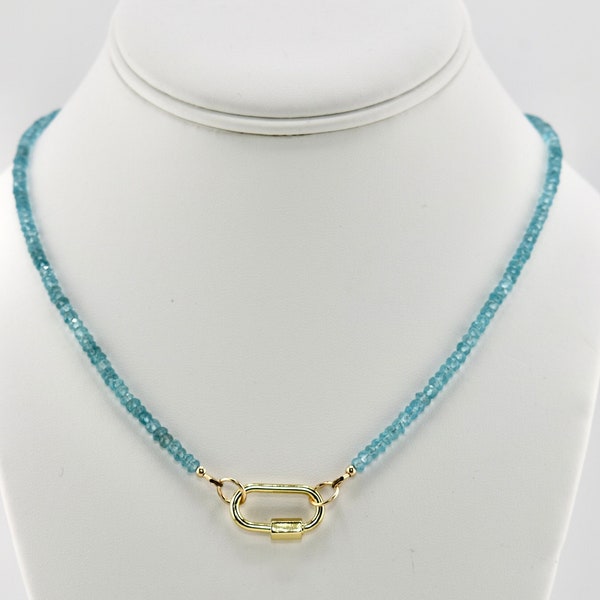 Sky Blue Apatite Gemstone Necklace with Gold Carabiner Clasp