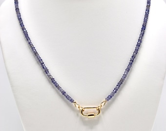 Elegant Iolite Gemstone Necklace with Gold Carabiner Clasp