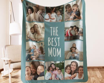 May include: A teal blanket featuring a collage of family photos. The blanket has a central panel with the text "THE BEST MOM" in white. The photos show various family members, including mothers and children, in different settings.