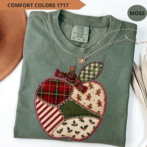 Comfort Colors® Kerstpatchwork Appel T-shirt voor leerkrachten, bedankcadeau voor nieuwe leerkrachten, kerstcadeaus