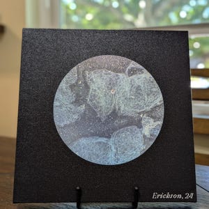May include: A black square canvas with a white circle in the center. The circle has a blue and white abstract design. The canvas is on a black stand with the text "Erickson, 24" in white lettering on the bottom right corner.
