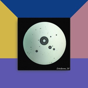 May include: A close-up of a white disc with a black center and several smaller black circles around it. The disc is surrounded by a black background.