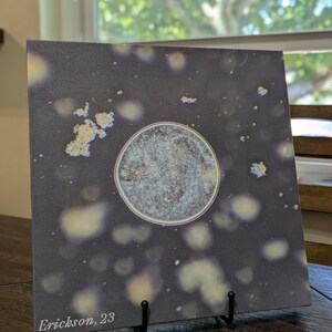 May include: A close-up of a black and white photograph of a petri dish with a circular object inside. The background is a dark gray with white and yellow spots. The text "Erickson, 23" is printed in the bottom left corner.
