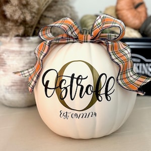 May include: White pumpkin with a plaid ribbon and a gold O with the name "Ostroff" and the text "Est. 09/22/24" written in black.