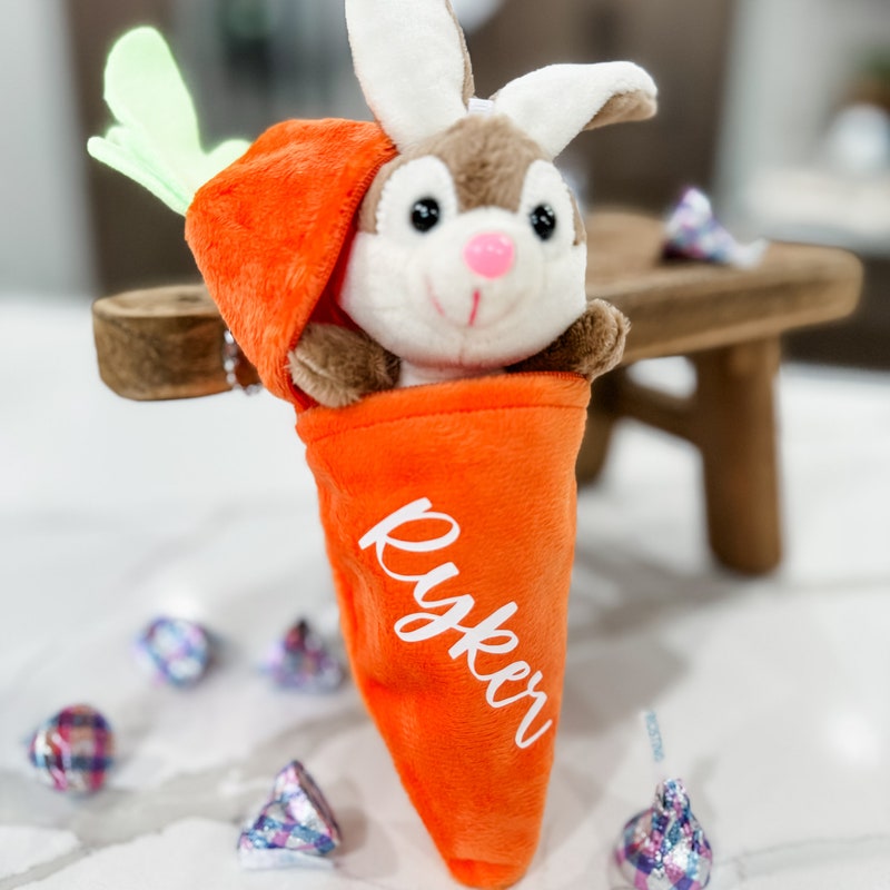 Soft, Cute Little Bunny Rabbit Hiding in a Zip-Up Carrot Plush Toy: Personalized Easter Basket Stuffer, Gift for Kids