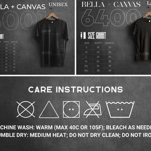 Pu&ograve; includere: Tabella delle taglie per t-shirt unisex e da donna. La tabella mostra le misure di larghezza, petto e lunghezza in pollici per ogni taglia. Le istruzioni per la cura includono lavaggio in lavatrice a caldo, candeggina se necessario, asciugatura in asciugatrice a calore medio, non lavare a secco e non stirare.