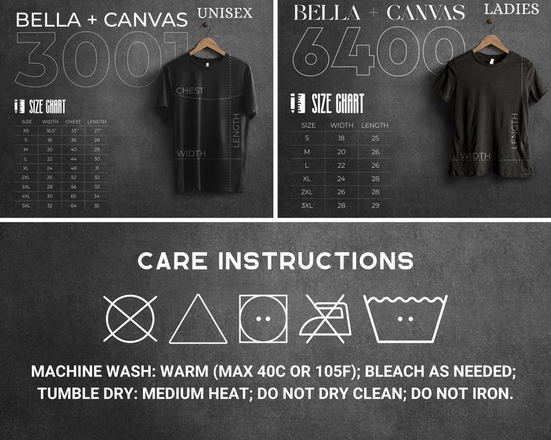Pu&ograve; includere: Tabella delle taglie per t-shirt unisex e da donna. La tabella mostra le misure di larghezza, petto e lunghezza in pollici per ogni taglia. Le istruzioni per la cura includono lavaggio in lavatrice a caldo, candeggina se necessario, asciugatura in asciugatrice a calore medio, non lavare a secco e non stirare.
