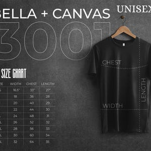 May include: Size chart for unisex t-shirts with measurements in inches for width, chest, and length. Sizes range from XS to 5XL.