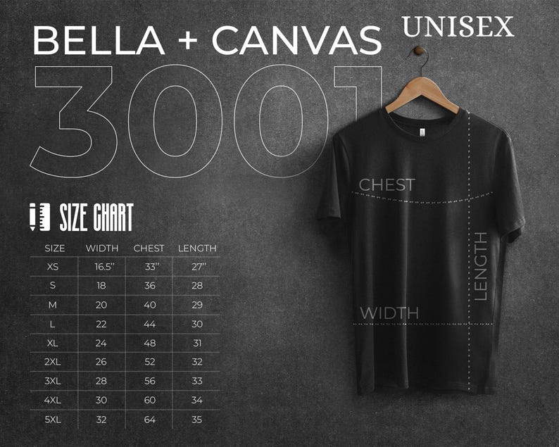 May include: Size chart for unisex t-shirts with measurements in inches for width, chest, and length. Sizes range from XS to 5XL.