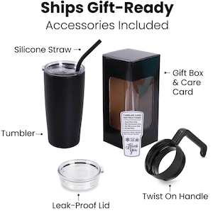May include: A black tumbler with a silicone straw, leak-proof lid, and twist-on handle. Includes a gift box and care card. The tumbler is designed to keep drinks hot or cold. The text on the care card reads "Thank You".