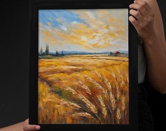 Wheat Field Landscape Art Print: Countryside Scenery Wall Decor