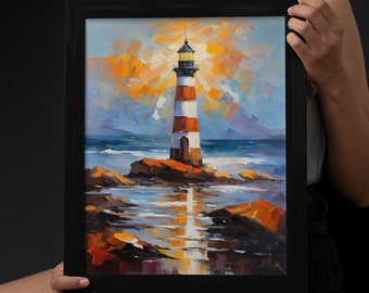 Lámina artística de paisaje marino con faro: decoración costera para el hogar