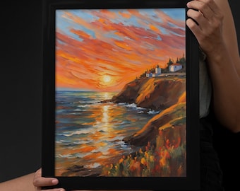 Pintura abstracta de atardecer: Impresión artística costera oceánica