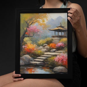 Stampa artistica ad acquerello di gradini della pagoda, dipinto di paesaggio zen, arte giapponese, arte murale asiatica, scena di meditazione, opera d'arte serena, arredamento per la casa