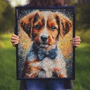 蝶ネクタイをした子犬のアートプリント、かわいい犬の肖像画、カラフルな子犬の壁アート、子供部屋の装飾、犬好きの壁アート、ユニークな子犬の写真プリント