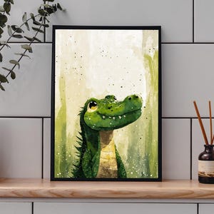 Przyjazny mały krokodyl marzyciel wydruk artystyczny, zabawny portret aligatora, sztuka ścienna z bagien, dekoracja pokoju dziecięcego, prezent dla miłośnika gadów, 8x10-24x36
