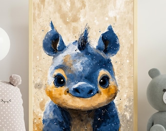 Blue Baby Rhino Art Print, Cute Rhinoceros Portrait, African Animal Art, Kids Room Decor, Nursery Wall Art, Wildlife Gift, 8x10-24x36 Sizes
