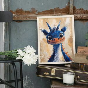 Impresión artística de un lindo dragón azul, retrato caprichoso de un dragón de Disney, decoración de habitación para niños, arte de pared de fantasía, regalo para amantes de los dragones, tamaños de 8 x 10 a 24 x 36