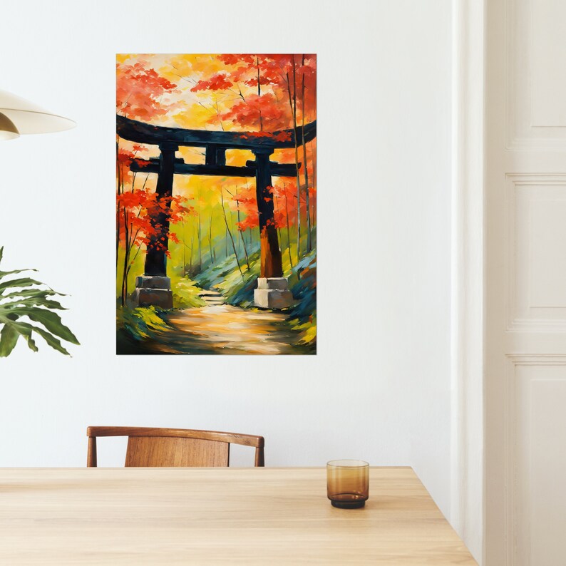 A painting of a torii gate in a lush green forest. The gate is made of wood and has two red pillars and a black crossbeam. The forest is filled with tall trees with green leaves and ferns growing on the ground.