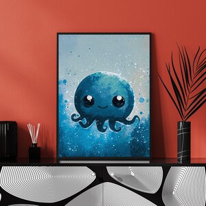 Impresión artística de pulpo, decoración de habitación infantil, arte mural de animales del océano azul, arte infantil, regalo para baby shower, decoración submarina, vida marina costera