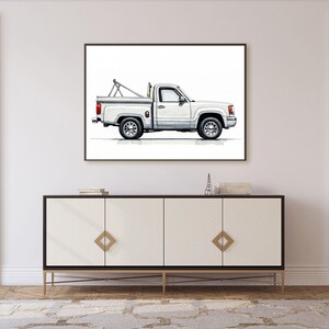 Impresión artística de camioneta blanca clásica, camioneta vintage de los 90, póster Chevy GMC Sierra C/K, ilustración de vehículo en acuarela, decoración de garaje para hombre.