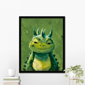 Impresión artística de retrato de dragón verde sonriente, retrato de dragón travieso, arte de pared de fantasía, decoración de habitación de niños, regalo de dragón divertido, 8 x 10-24 x 36
