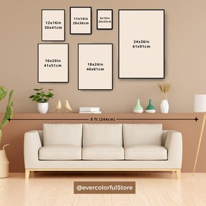 May include: A living room interior design mockup with a white sofa and five black framed prints of various sizes hanging on a beige wall. The prints feature measurements in inches and centimeters. The text "8 ft (244cm)" is printed below the sofa. The text "@evercolorfulStore" is printed below the sofa.