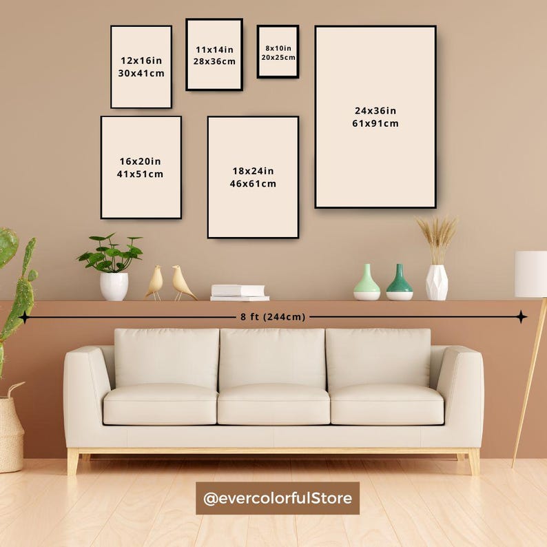May include: A living room interior design mockup with a white sofa and five black framed prints of various sizes hanging on a beige wall. The prints feature measurements in inches and centimeters. The text "8 ft (244cm)" is printed below the sofa. The text "@evercolorfulStore" is printed below the sofa.