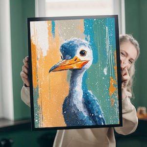 Impresión artística de cigüeña picozapato vibrante, pintura de acuarela de fauna silvestre peculiar, retrato único de ave costera, decoración de animales exóticos, lienzo enmarcado