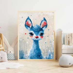 Impressão artística de retrato de filhote de cervo azul, tela de cervo fofo, arte animal caprichosa, decoração de quarto infantil, arte de parede de berçário, presente de floresta, 8x10-24x36