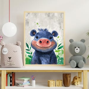 Violet Baby Hippo Art Print, Cute Hippopotamus Portrait, Jungle Animal Art, Kids Room Decor, Nursery Wall Art, Animal Lover Gift, 8x10-24x36