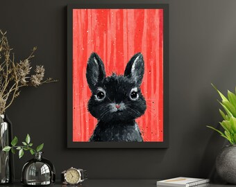 Black Bunny Portrait Art Print: Kids Nursery Decor